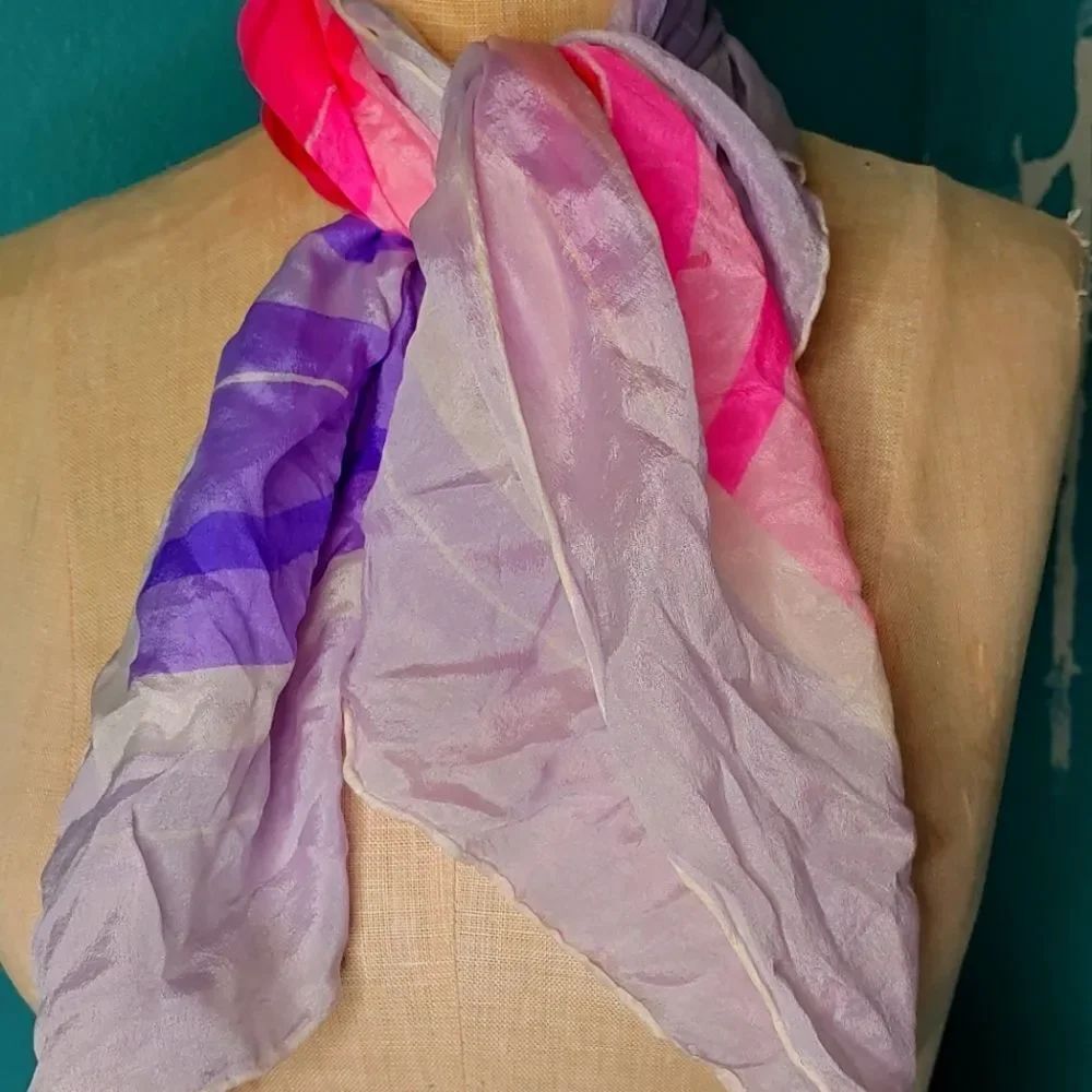 100% Silk Vintage 50s Chiffon Scarf Pink & Purple